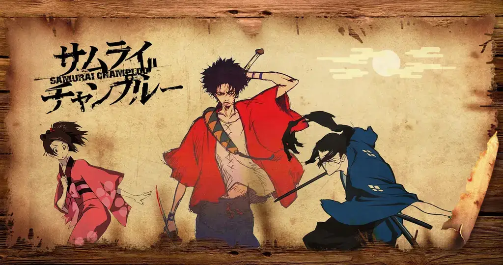 The three main characters--Fuu, Mugen and Jin--from Samurai Champloo, against a paper scroll background.