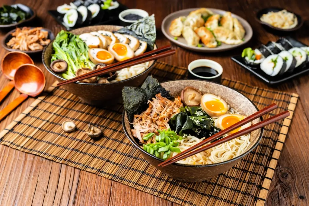 Another assortment of Chinese-Japanese food. Ramen, gyoza, the like.