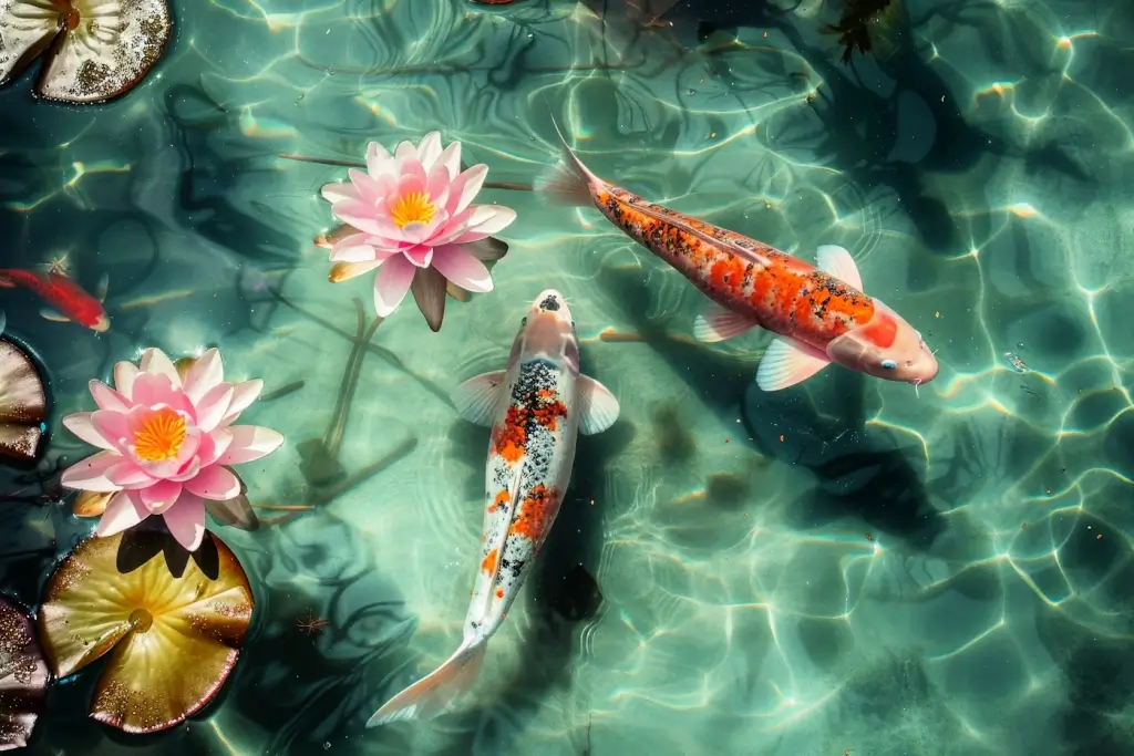 A bunch of koi fish swimming around in a shimmering pond.