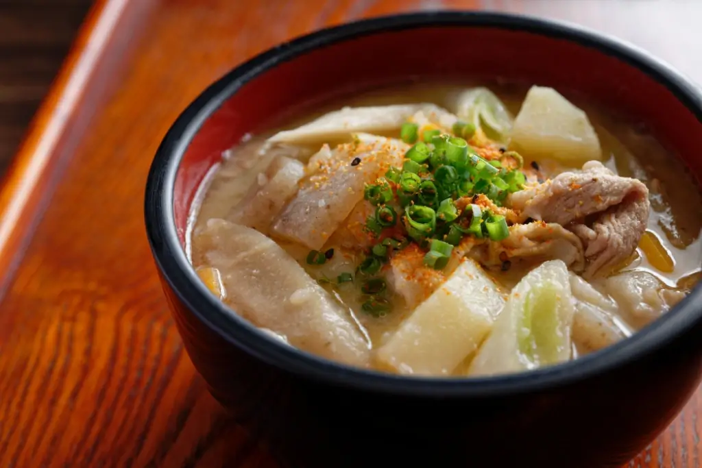 A bowl of tonjiru (pork miso soup).