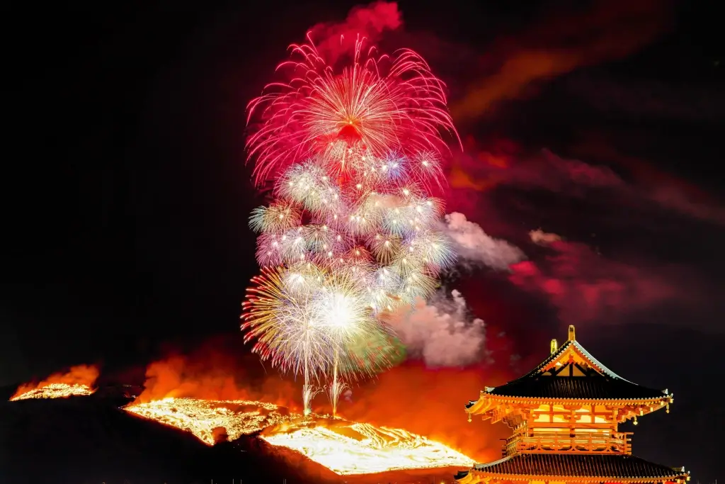 Fireworks and a mountain fire at the Wakakusa Yamayaki festival in Japan in January.