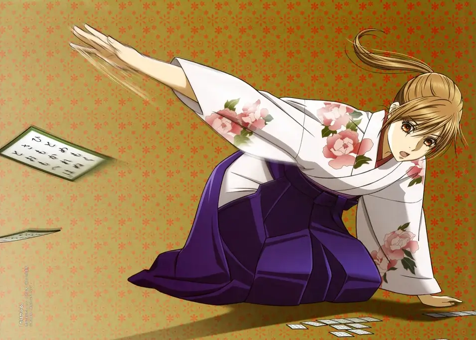 The main character of "Chihayafuru" throwing a karuta card.