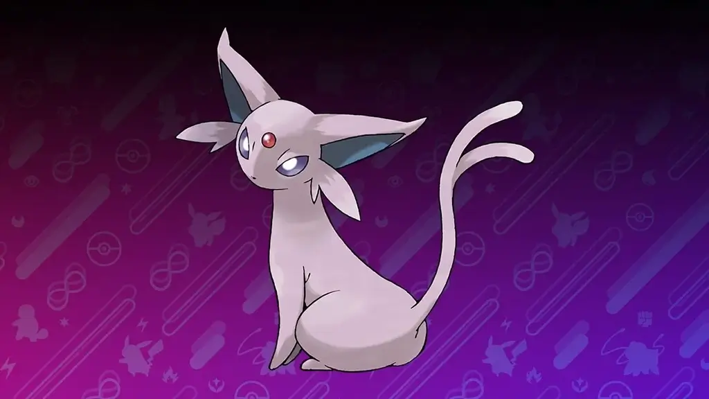 The Pokemon Espeon. It is a lavender, cat-like being with a split tail, pointy ears and a jewel in the middle of its forehead.