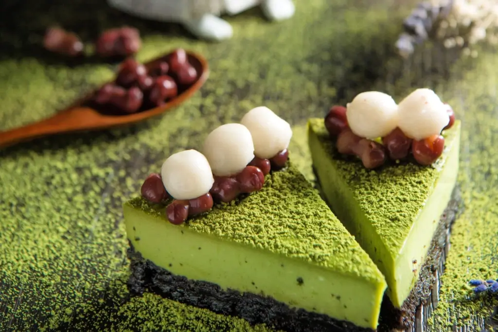 Slices of matcha cheesecake.