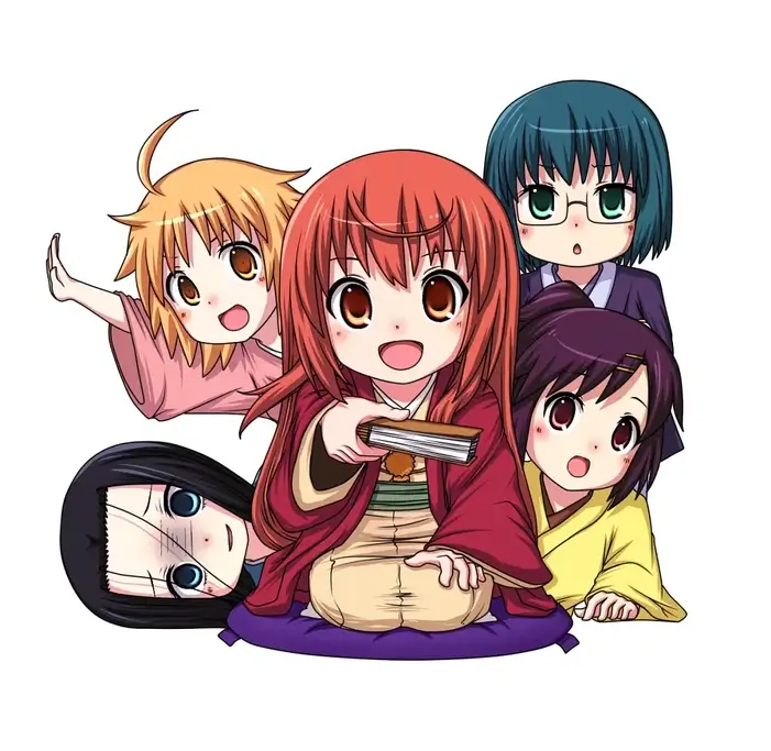 The main characters of "Joshiraku" in chibi-style.