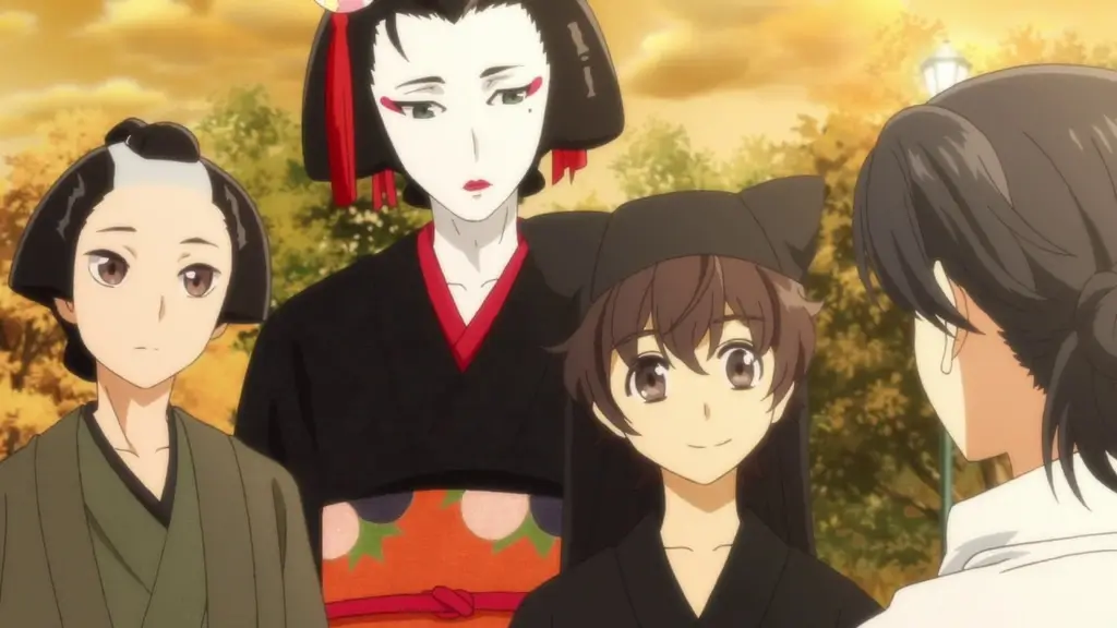 The main characters from the anime "Kabukibu". They are all in kabuki-style dress.