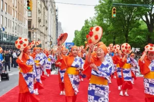 Women in kimono (similar to Awa-dori festival), marching in the Japan Parade in New York City.