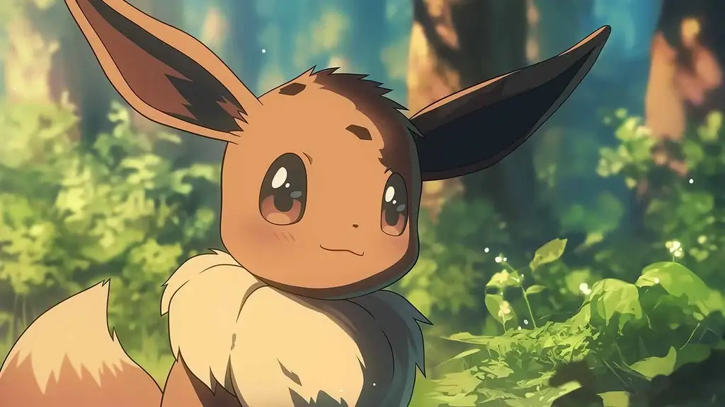 A painting of Eevee, a Normal-type Pokemon with long pointy ears.