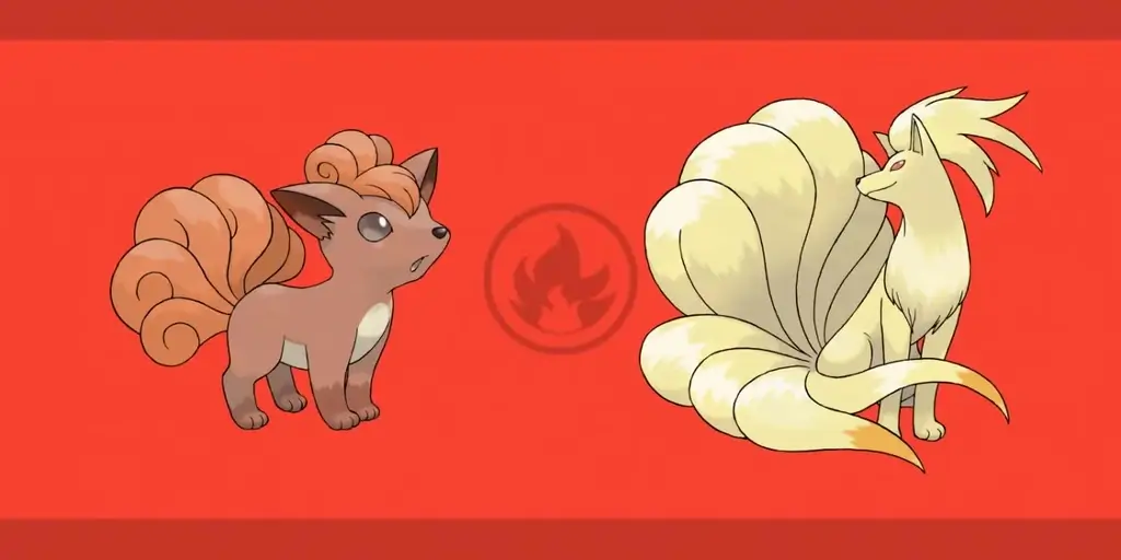 Vulpix and Ninetales from Pokemon. Vulpix is a small orange fox, while Ninetales is a large white fox with well, nine tales.