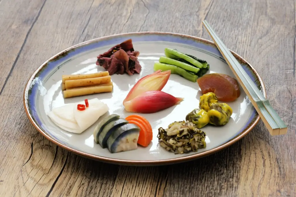 A plate of assorted asazuke (pickled vegetables).