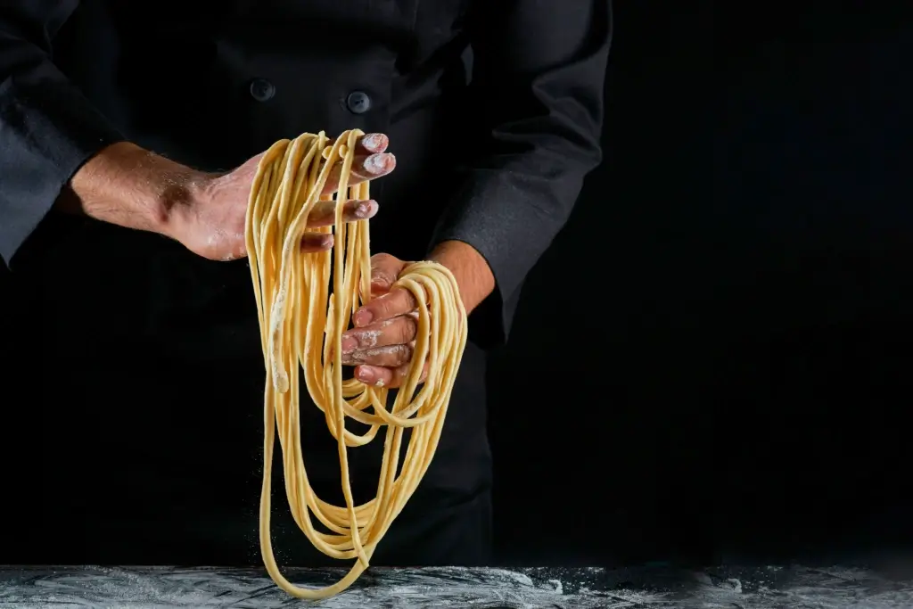 A chef making fresh wheat noodles.