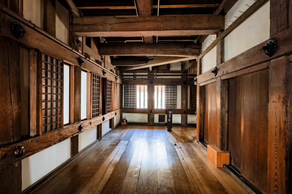 A wooden floorboard room in Himeji Castle.