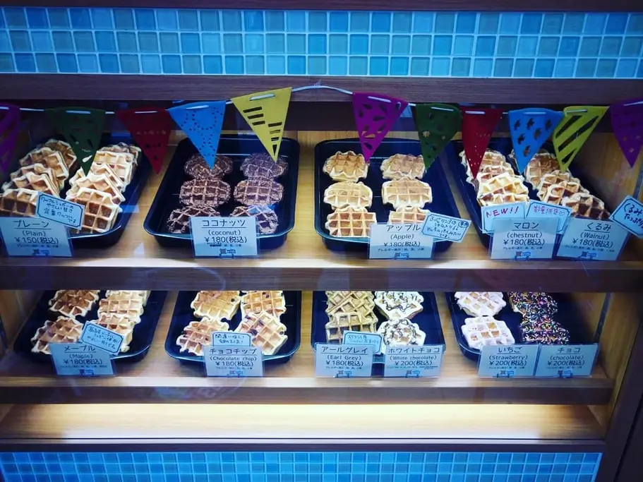 A waffle display at Koenji Waffle Deco.