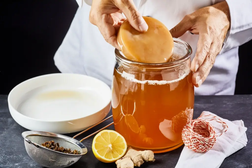 A jar of kombucha fermented tea.