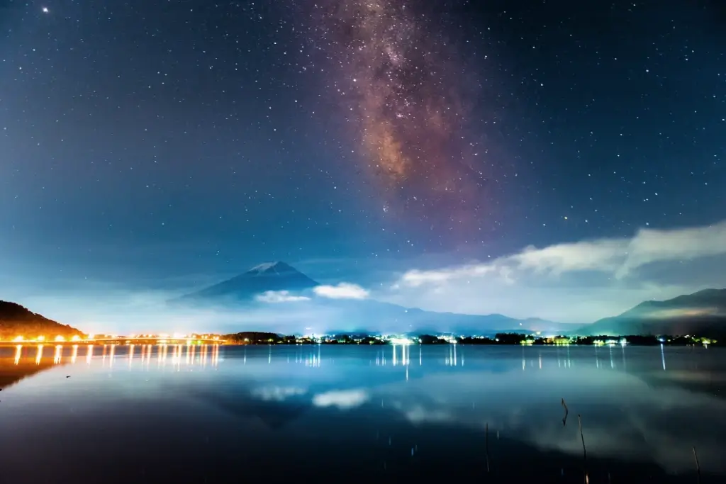 Lake Kawaguchi under a starry sky.