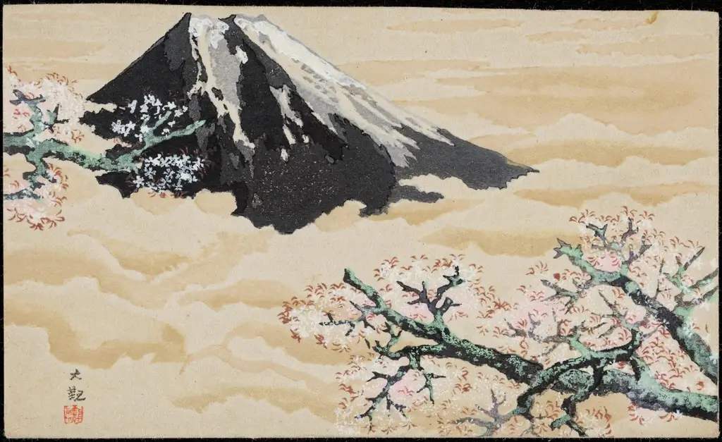 "Mt Fuji and Cherry Blossoms" by Taikan, one of many example of cherry blossoms art.