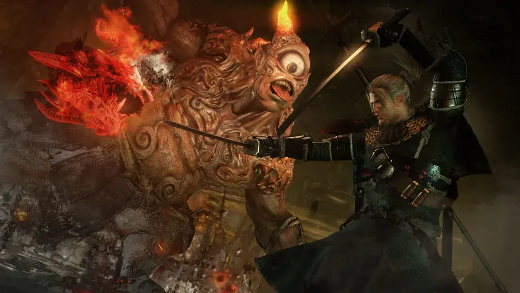 A cyclops attacking a warrior in a video game.