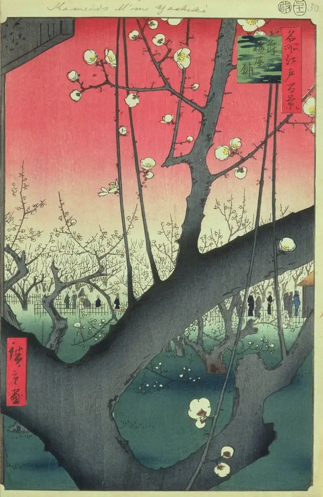 "One Hundred Famous Views" by Hiroshige, one of many examples of cherry blossoms art.