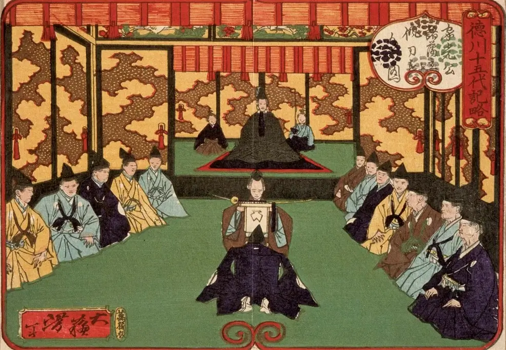 A bunch of officials at a hearing about the sakoku policy during the Meiji Era.