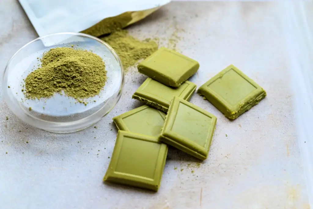 Squares of matcha chocolate.