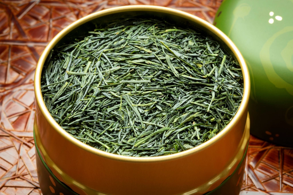 A wooden container of gyokuro tea.