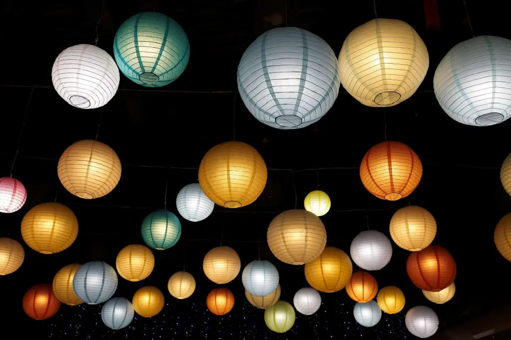 Bright Japanese lanterns in white, orange, green and yellow.