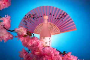 A bottle of nigori sake, with a pink fan in the blue background.