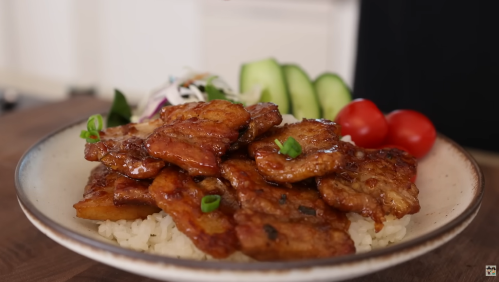 Soy-Glazed Pork Belly Rice Bowl plating idea from Aaron and Claire